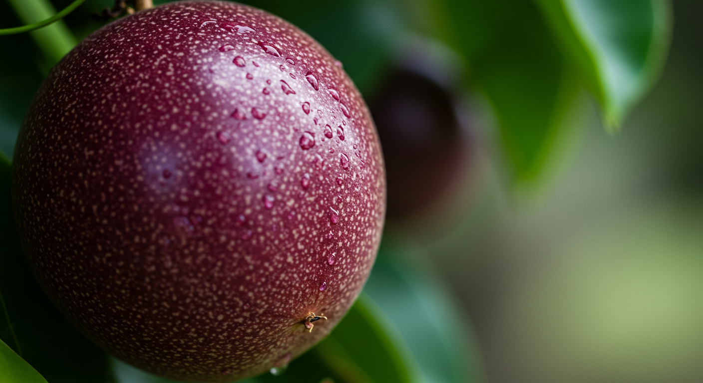 Ripe lilikoi fruit on the vine with morning dew